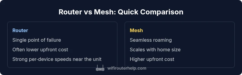 Illustration comparing a single router to a mesh network setup in a large home