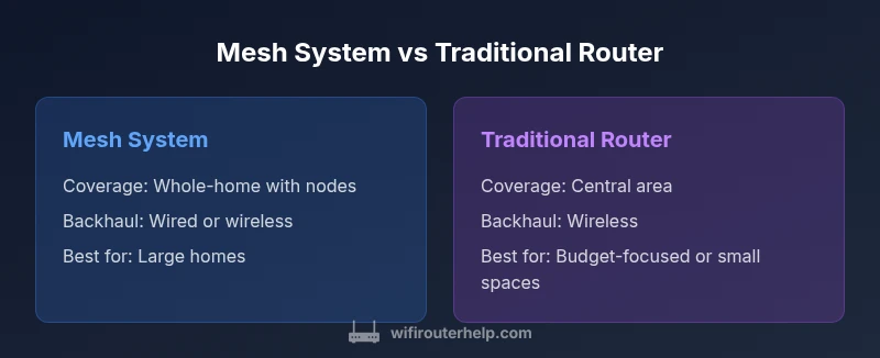 Side-by-side infographic comparing mesh systems and traditional routers