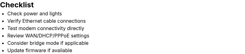 Checklist for diagnosing router-modem connectivity issues