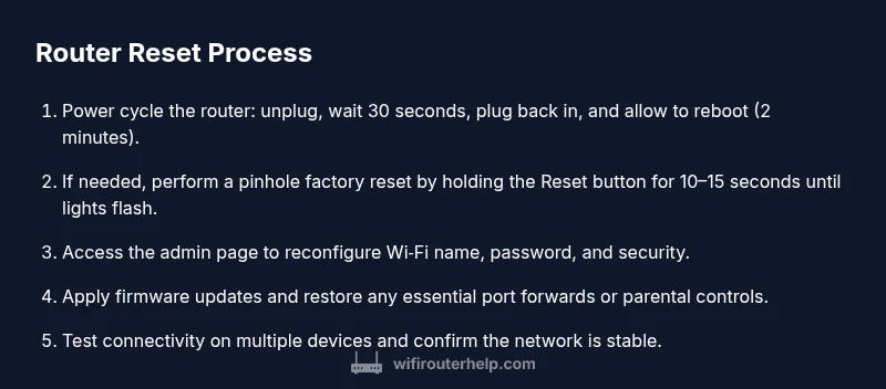 Diagram of router reset steps: power cycle, factory reset, reconfigure