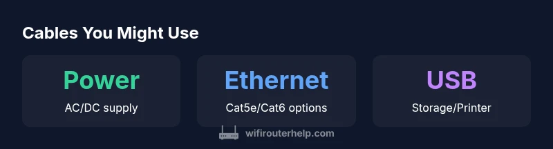 Infographic showing power, Ethernet, and USB cables for a home WiFi router