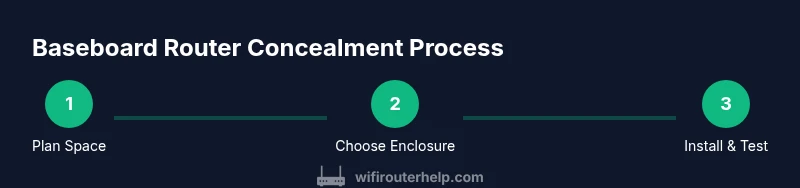 Process diagram showing planning, enclosure choice, installation and testing for concealing a router in a baseboard
